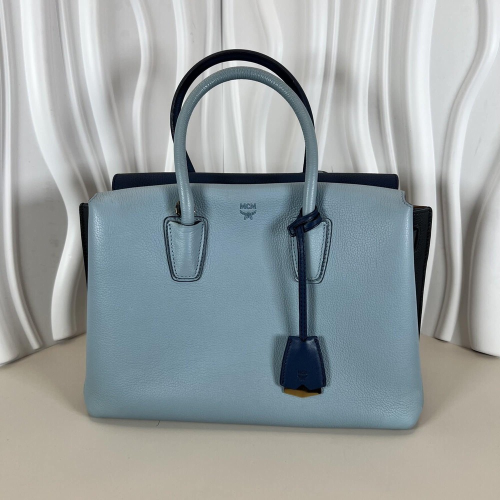 MCM Milla Medium Top Handle Tote Light Sky Blue/Mint and Black Accent